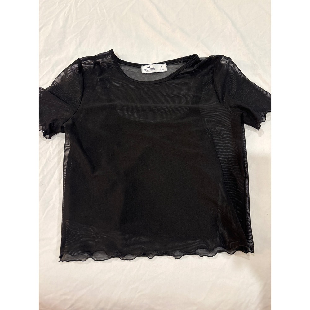 Hollister Womens Black Mesh Short Sleeve Top Sheer Lettuce Edge Crew Neck Small
